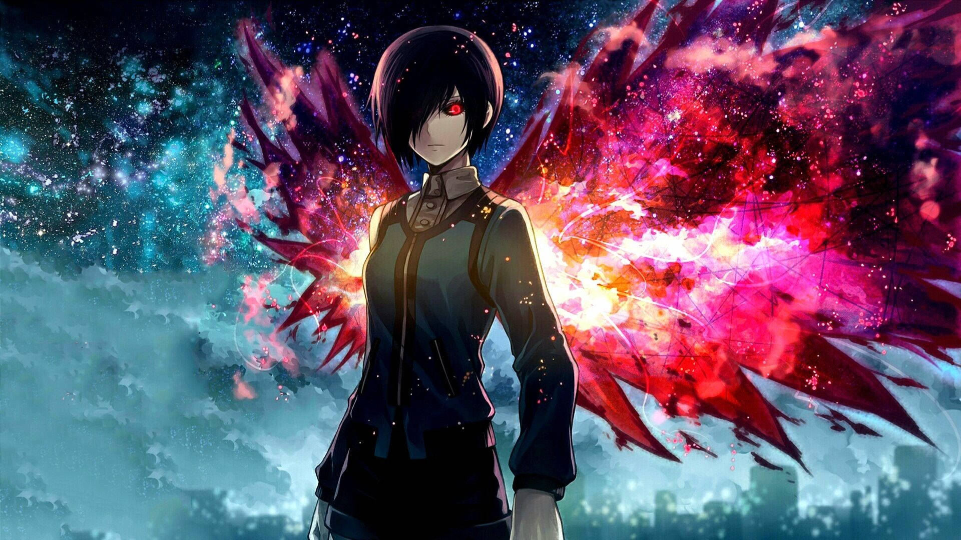 anime girl, red eyes, dark hair, Full HD Desktop Wallpaper