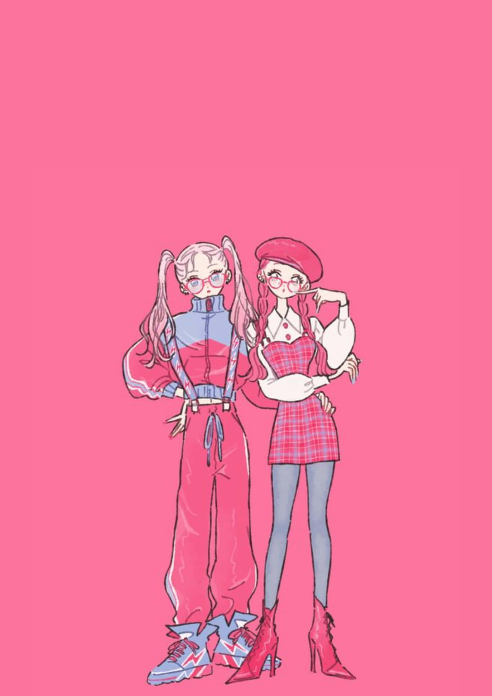 pink outfits, playful expressions, solid pink background, Full HD Phone Wallpaper