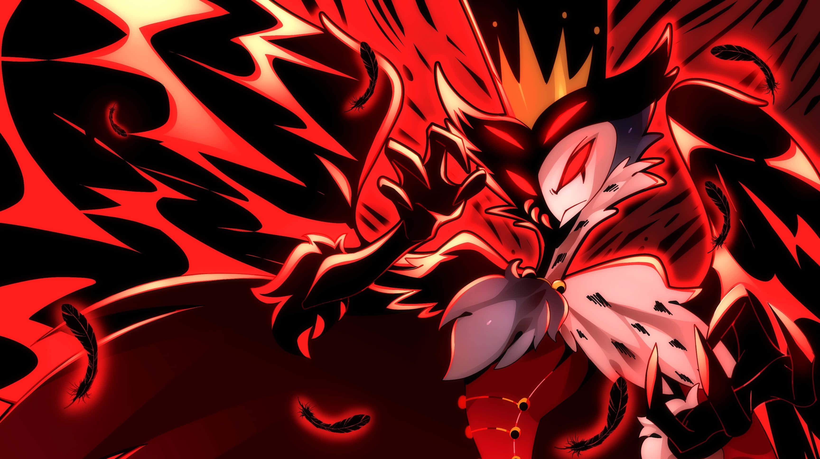 fiery anime character power up, red and black demonic figure, glowing eyes, 2K Desktop Wallpaper