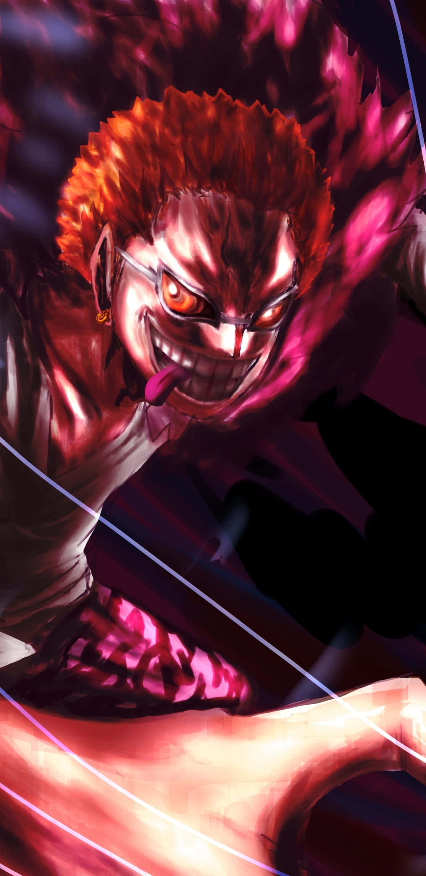 fierce anime character, spiky red hair, glowing eyes, 2K Phone Wallpaper