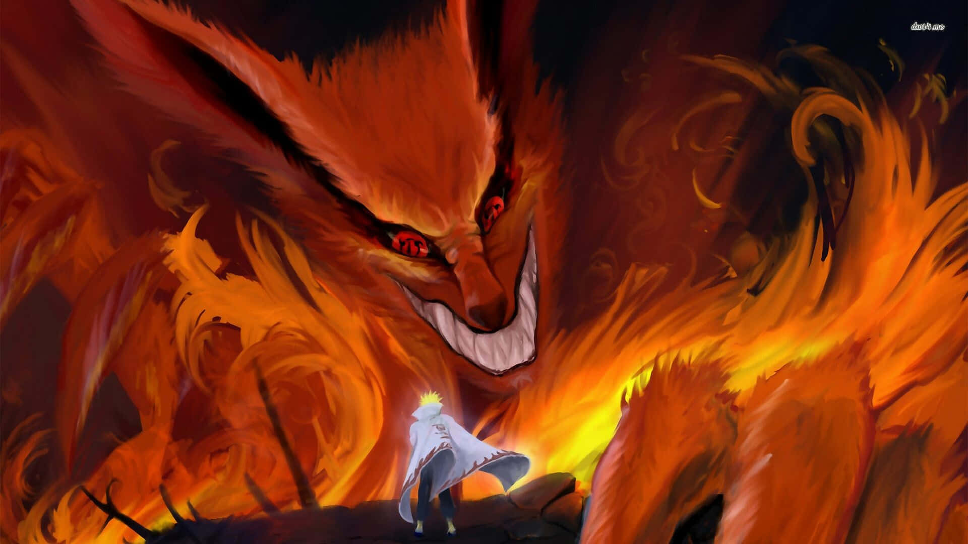 ninja, fiery nine-tailed fox, glowing red eyes, Full HD Desktop Wallpaper