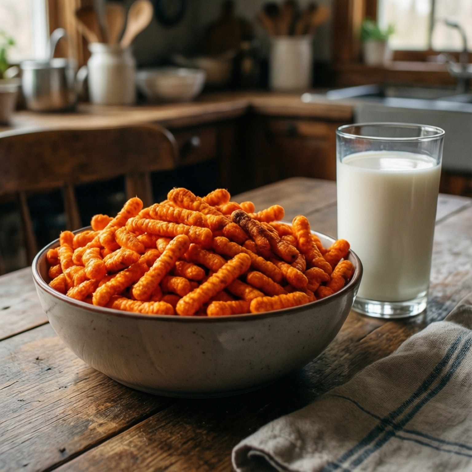 Hot Cheetos, milk, cozy kitchen, HD Desktop Wallpaper