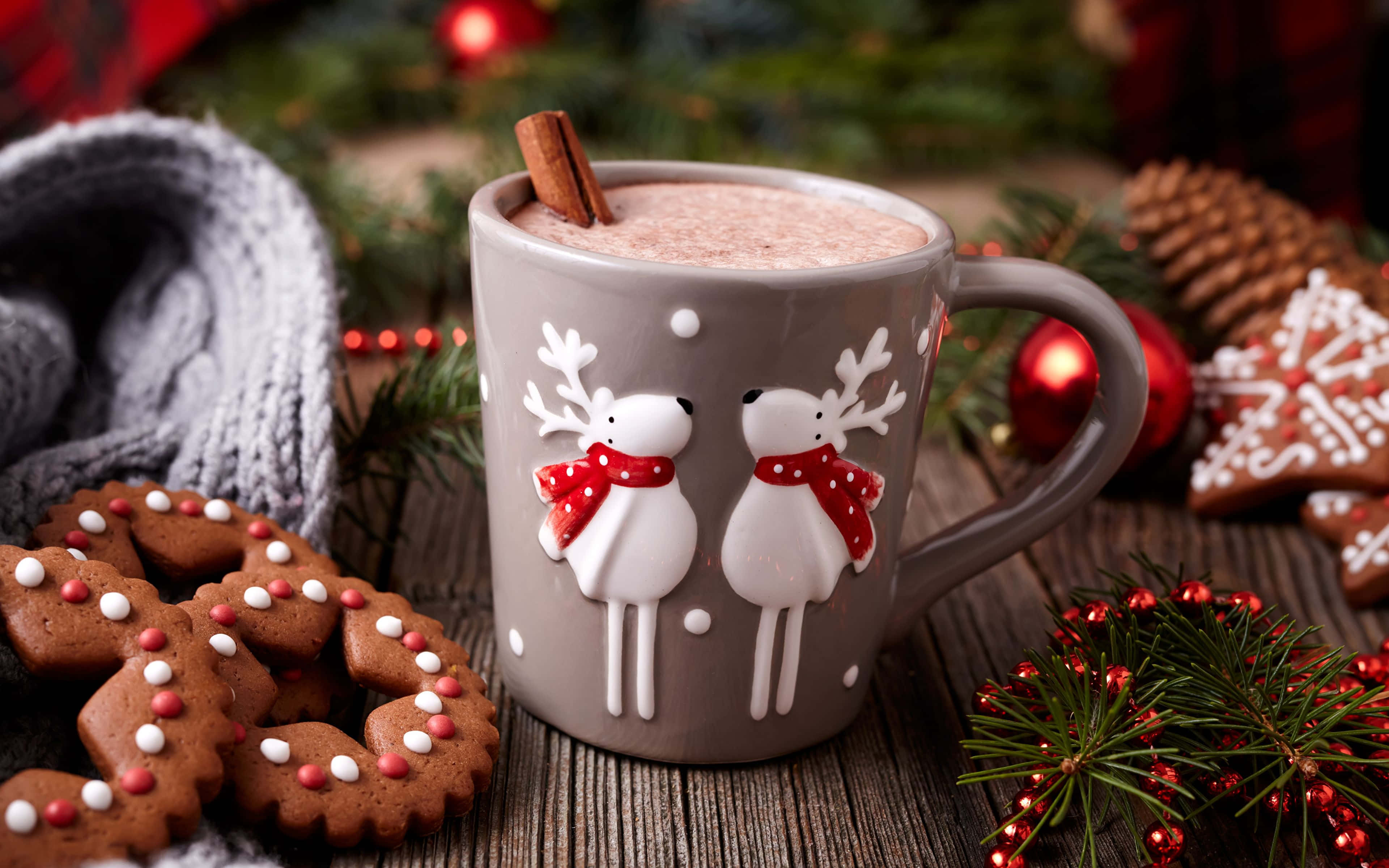 Hot Chocolate, reindeer design, cinnamon stick, 4K Desktop Wallpaper
