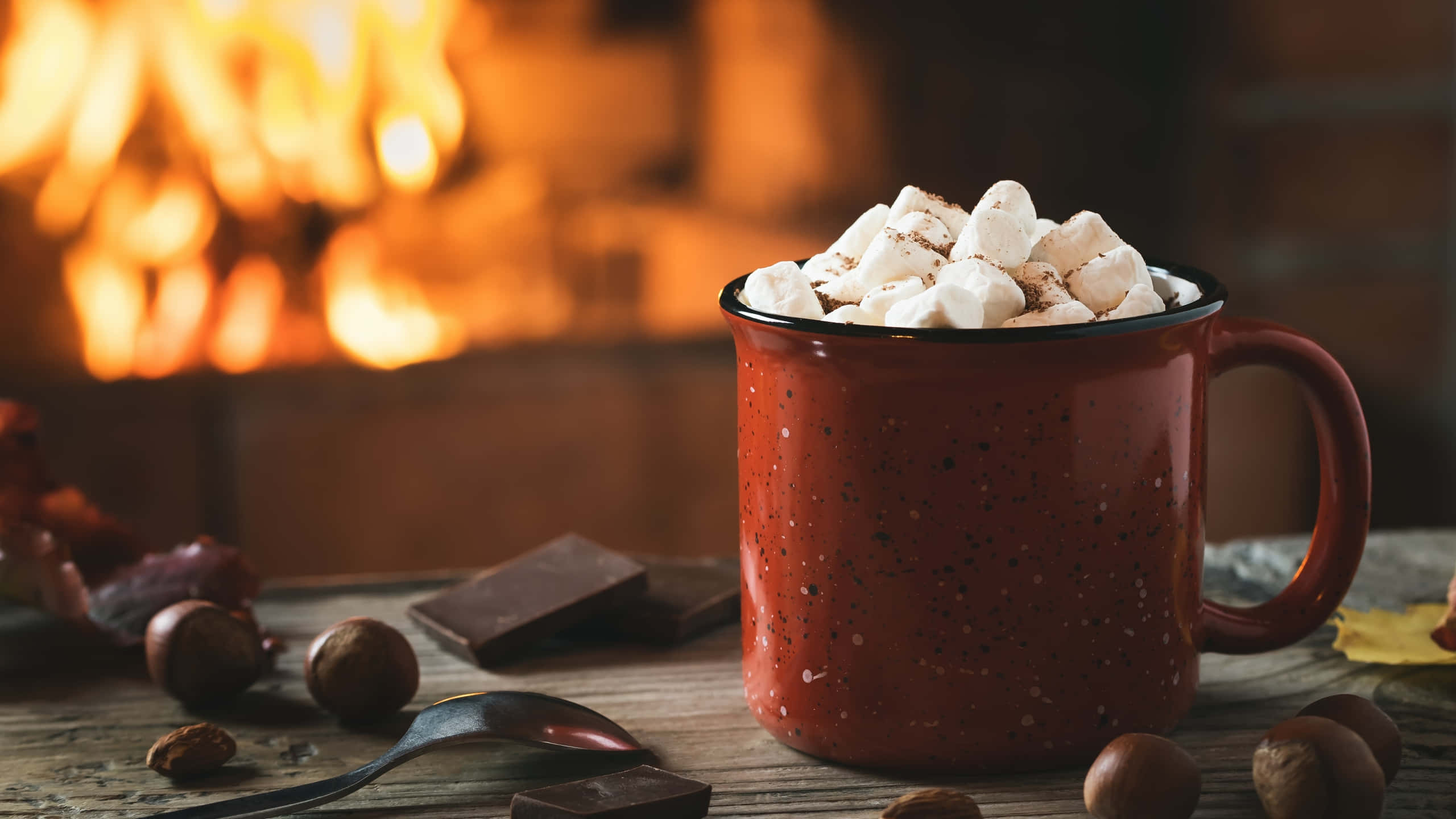 hot chocolate, red mug, marshmallows, 2K Desktop Wallpaper