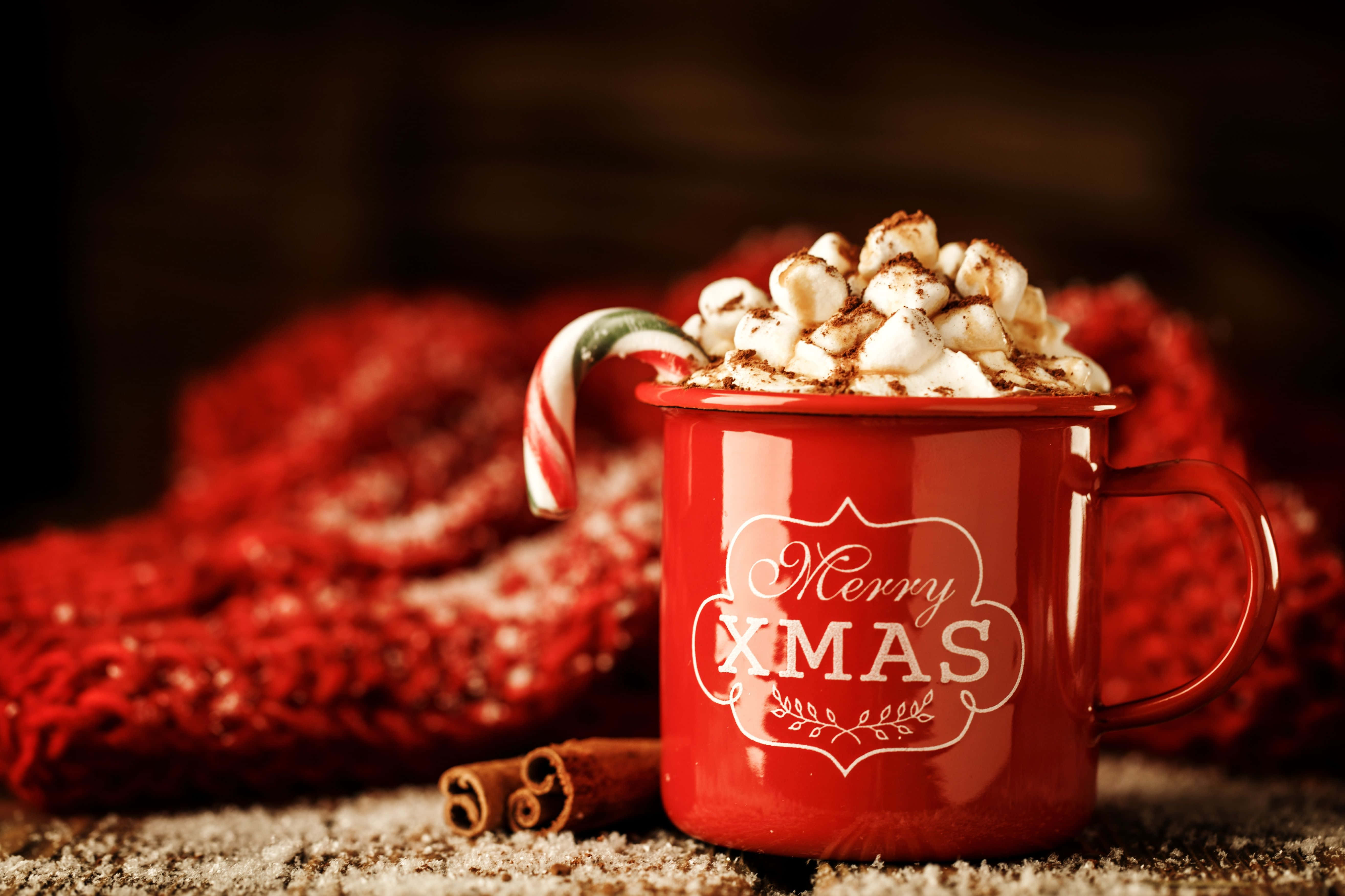 hot chocolate, red enamel mug, marshmallows, 5K Desktop Wallpaper