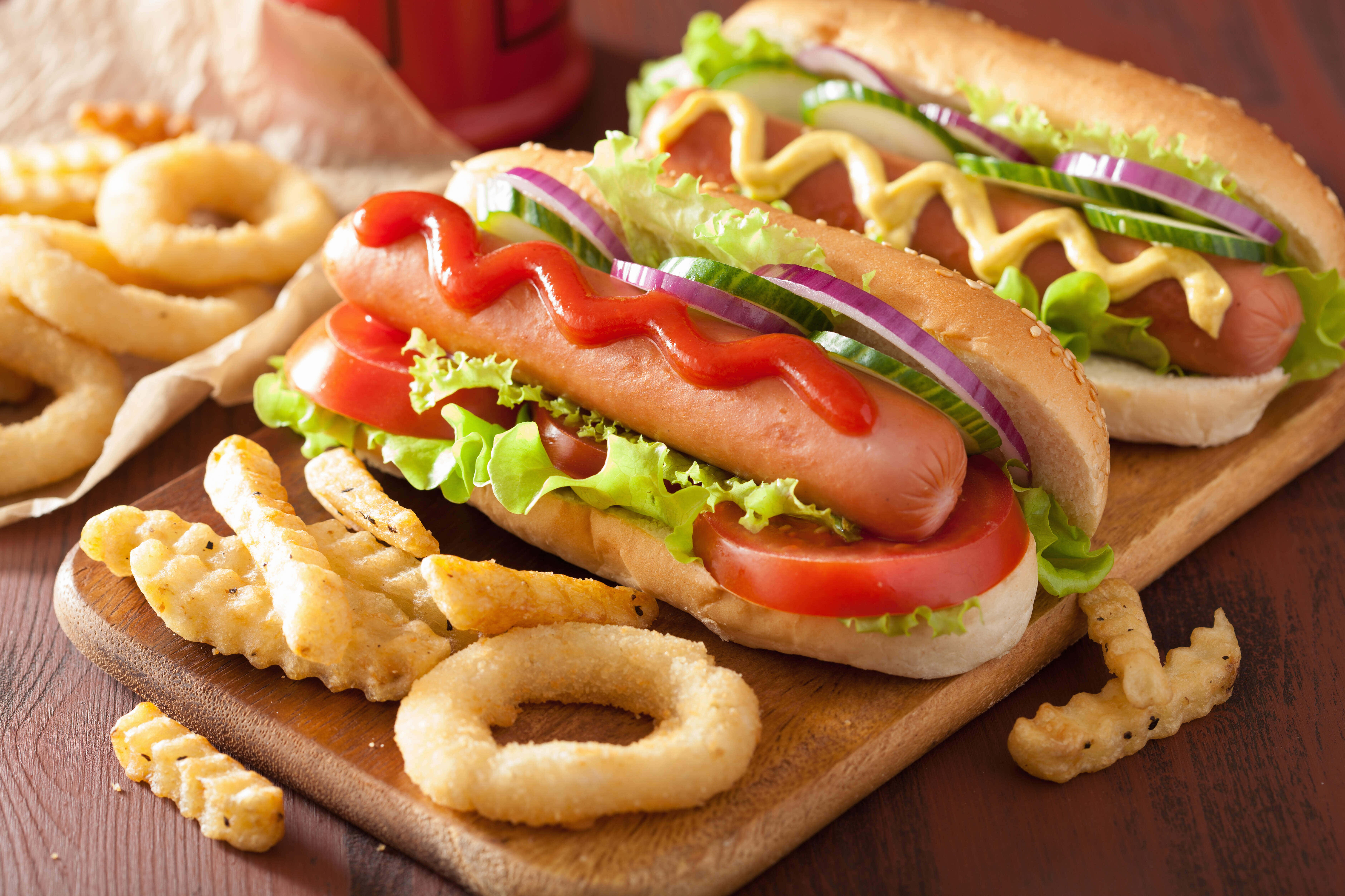 classic hot dog, fries, onion rings, 5K Desktop Wallpaper