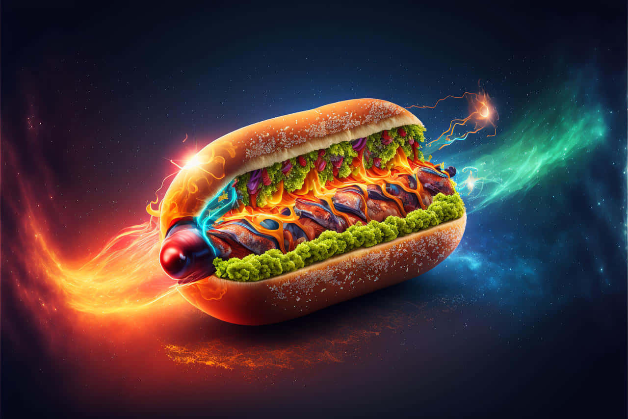 cosmic hot dog, glowing sauce, lightning trails, HD Desktop Wallpaper