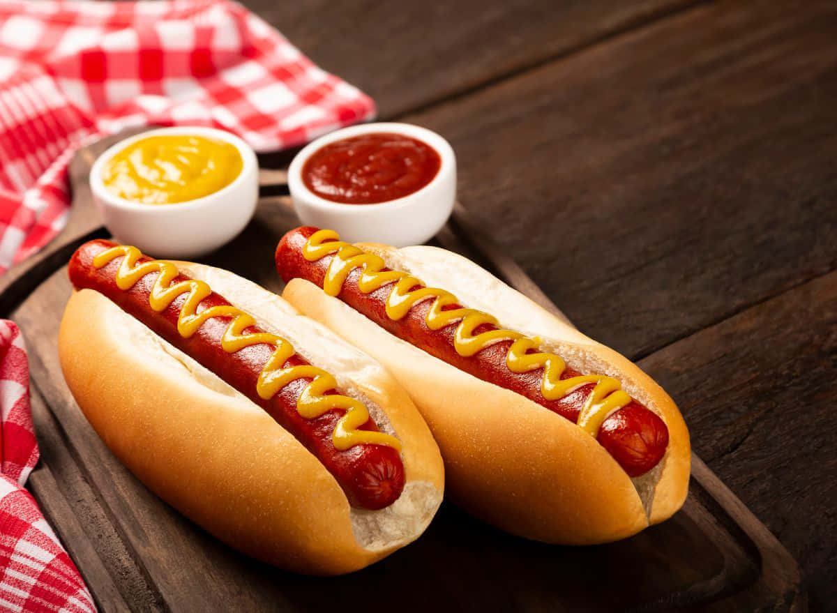 classic hot dogs, mustard zigzags, wooden board, SD Desktop Wallpaper