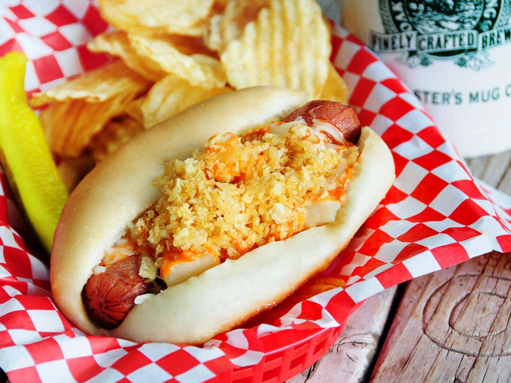hot dog, crispy crumbled cheese, orange sauce, SD Desktop Wallpaper