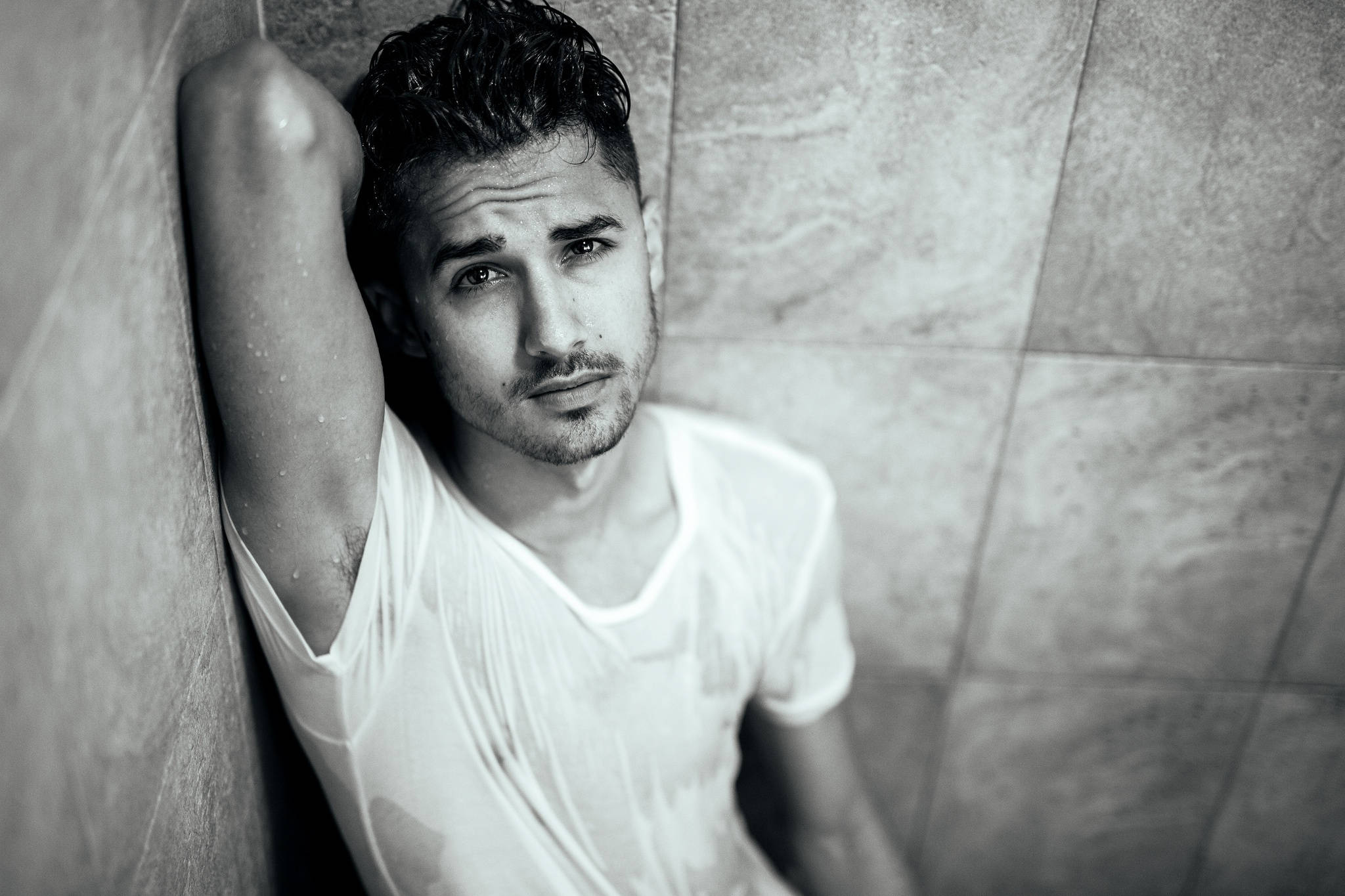 BW Hot Guy On Wall, monochrome shower scene, tiled walls, Full HD Desktop Wallpaper