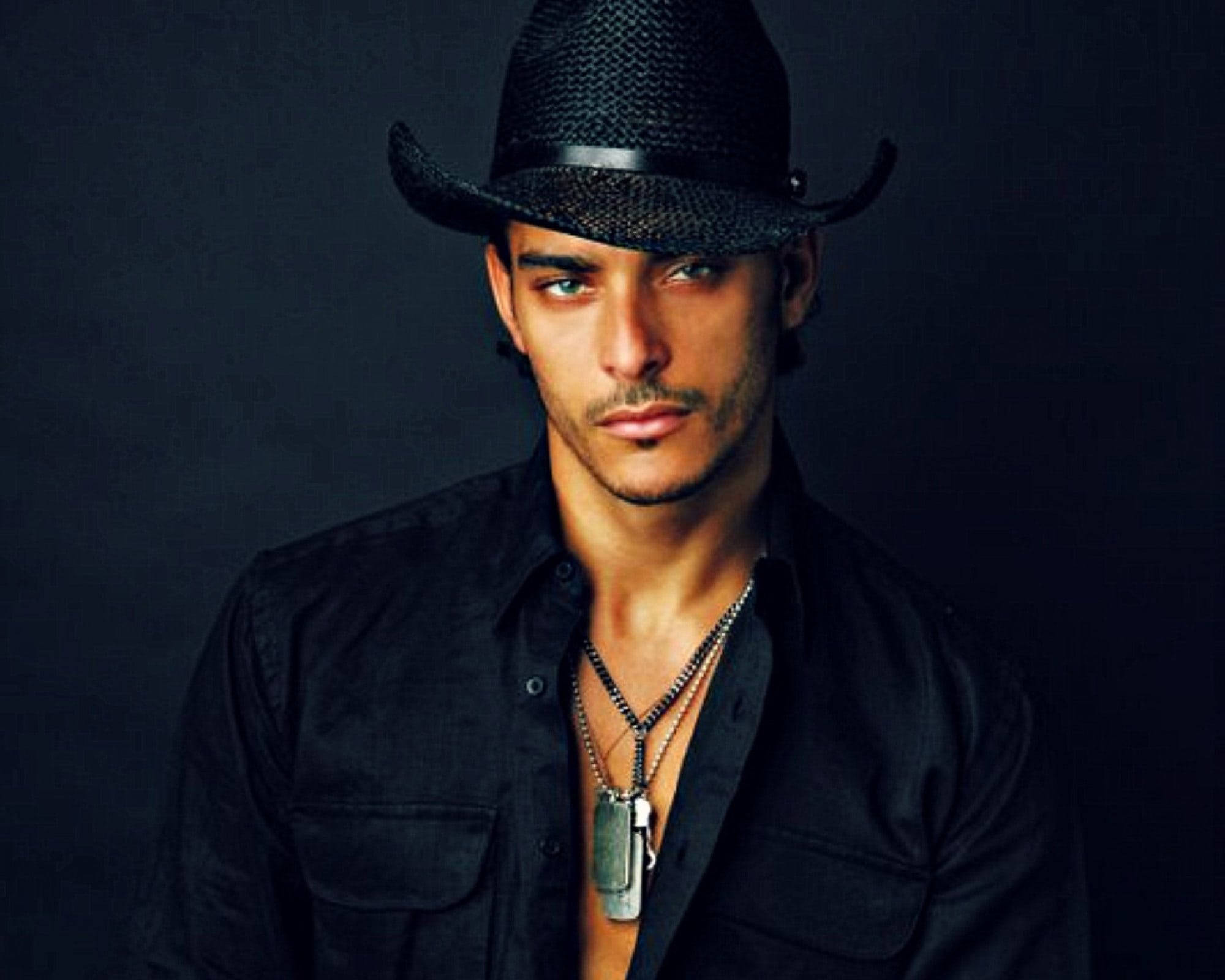 Hot Guy, black cowboy hat, intense green eyes, Full HD Desktop Wallpaper