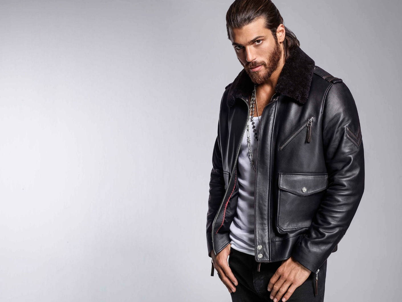 black leather bomber jacket, fur collar, beard, HD Desktop Wallpaper