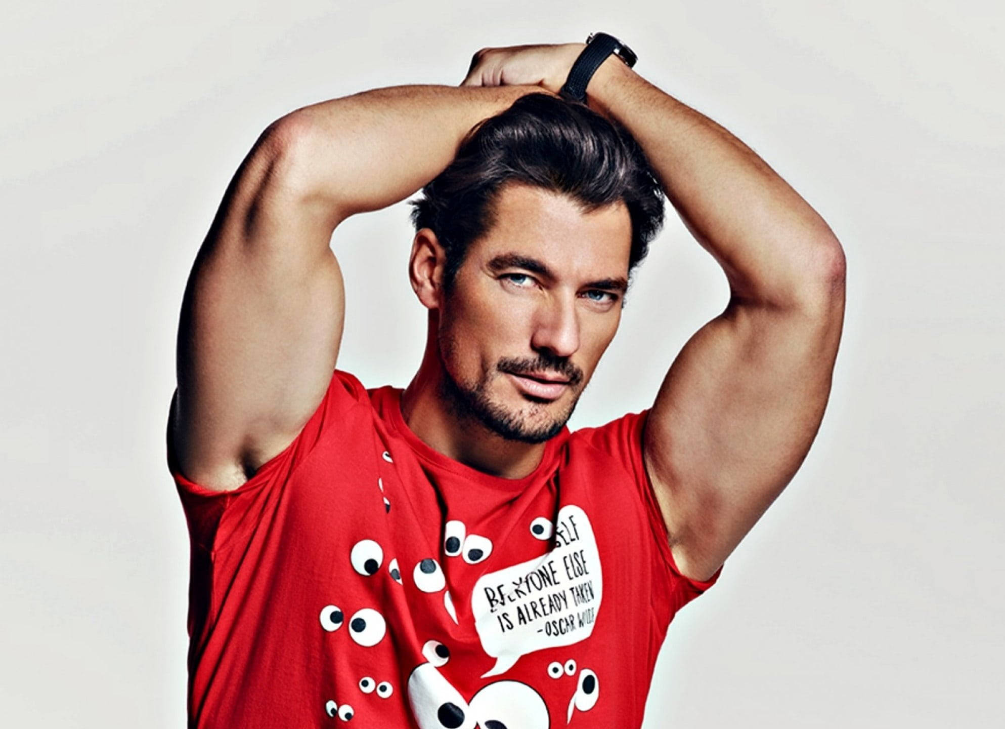 red shirt, muscular man, dark hair, Full HD Desktop Wallpaper