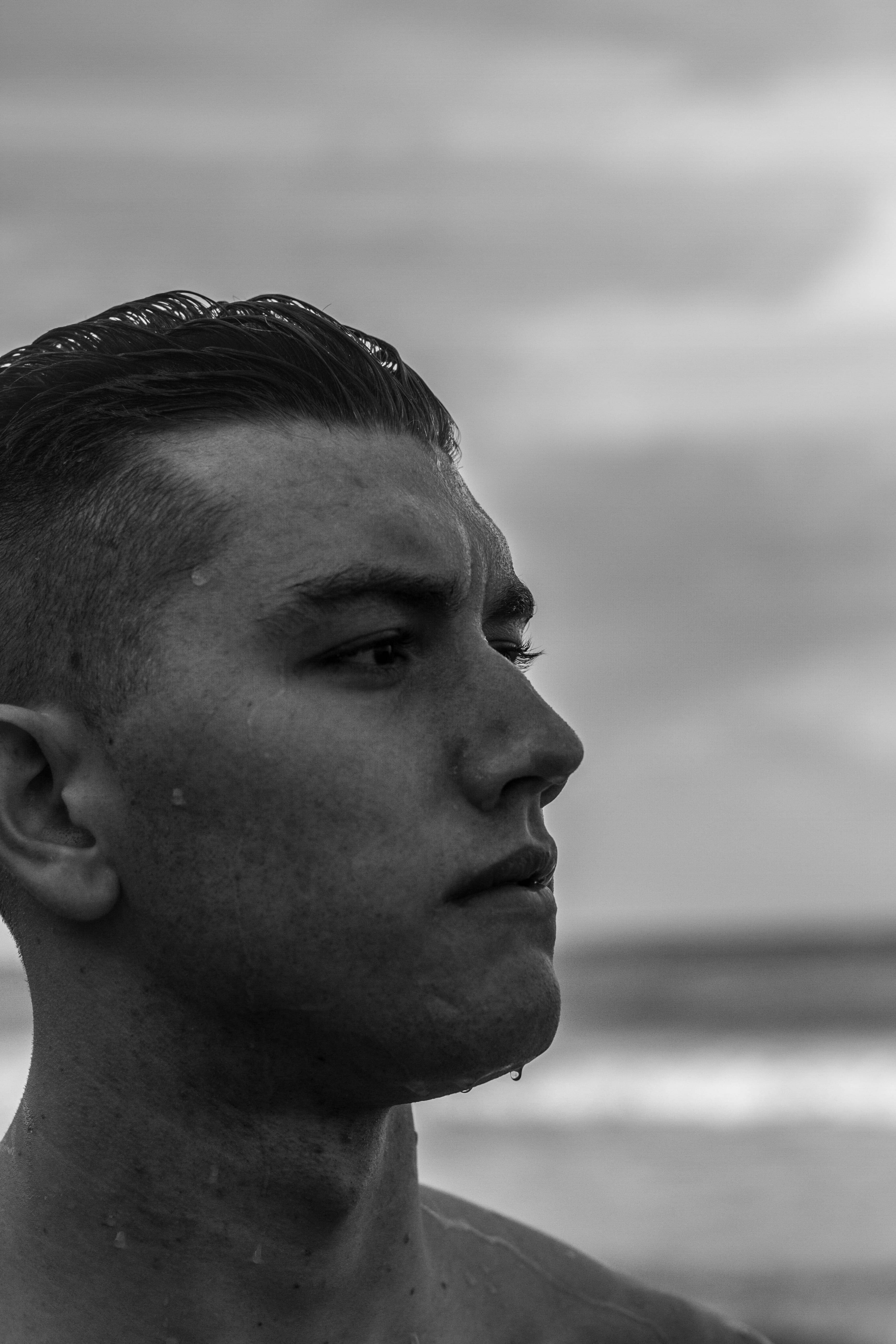 B&W, wet man, side profile, 5K Phone Wallpaper