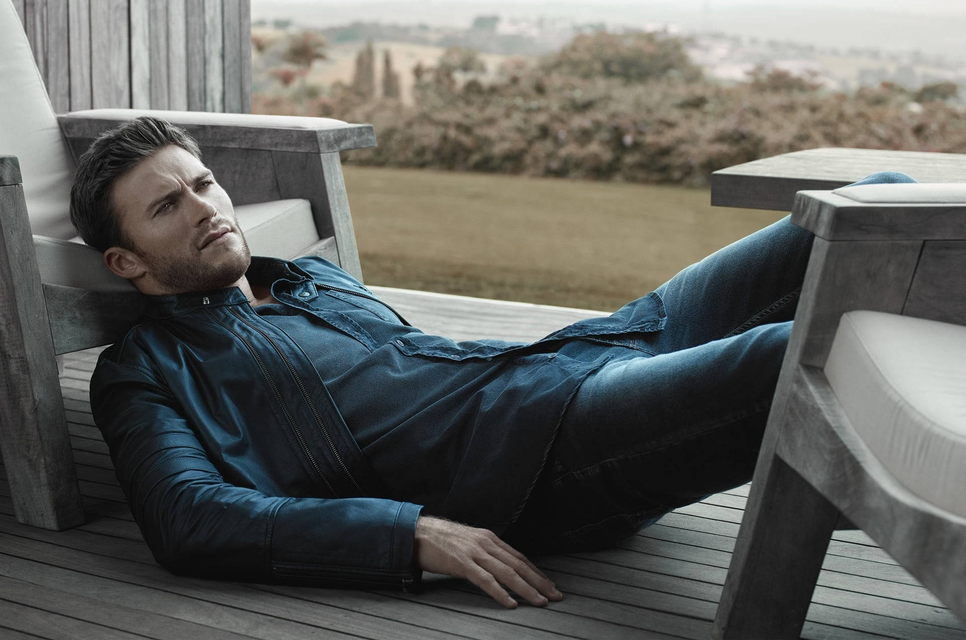 dark blue jacket, wooden deck chair, hazy pastoral landscape, HD Desktop Wallpaper