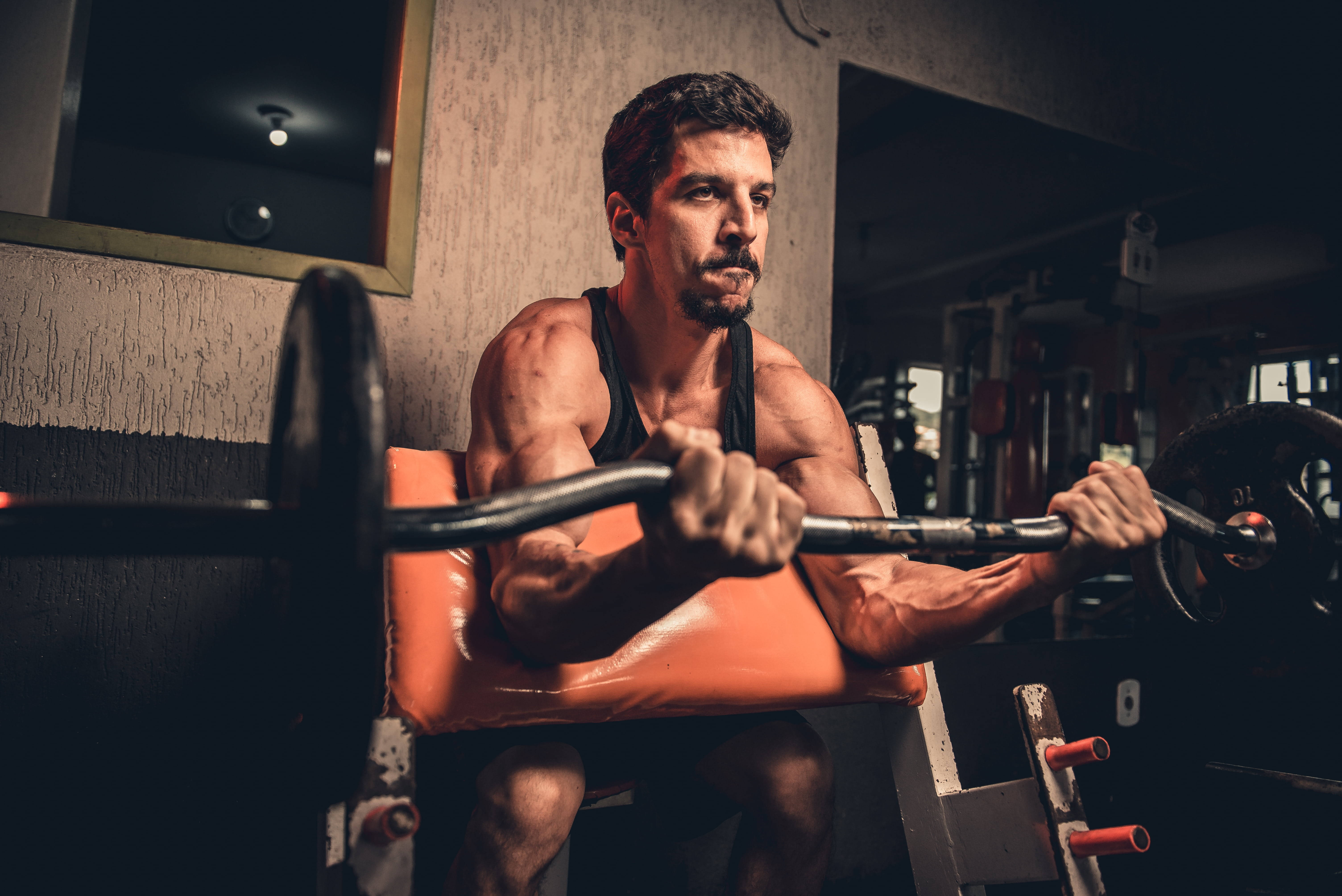 hot guy, barbell, orange bench, 5K Desktop Wallpaper