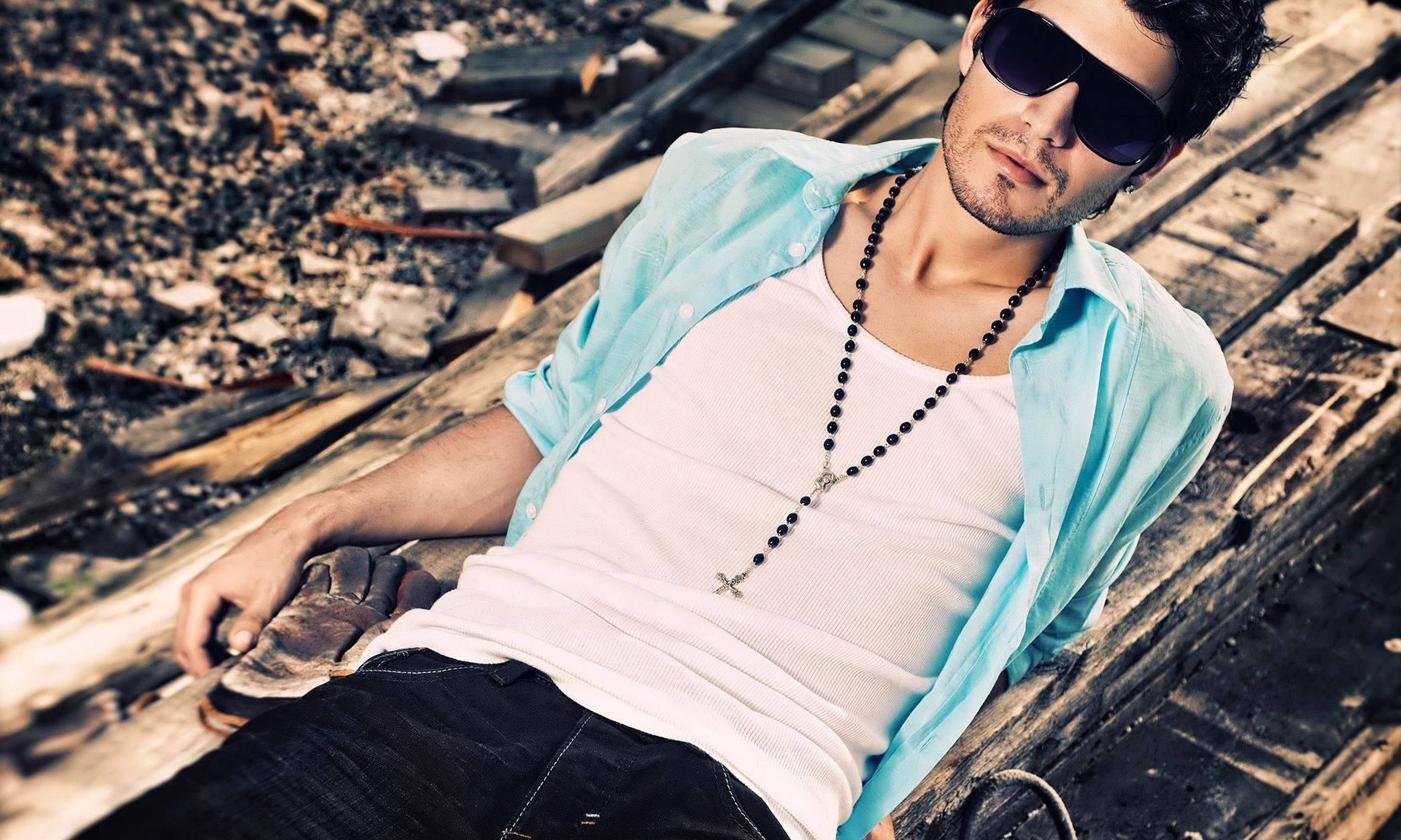 rosary, sunglasses, light blue shirt, Full HD Desktop Wallpaper