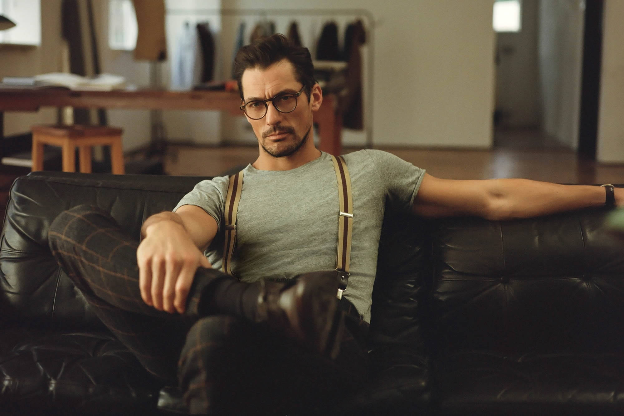 suspenders, glasses, black leather couch, Full HD Desktop Wallpaper