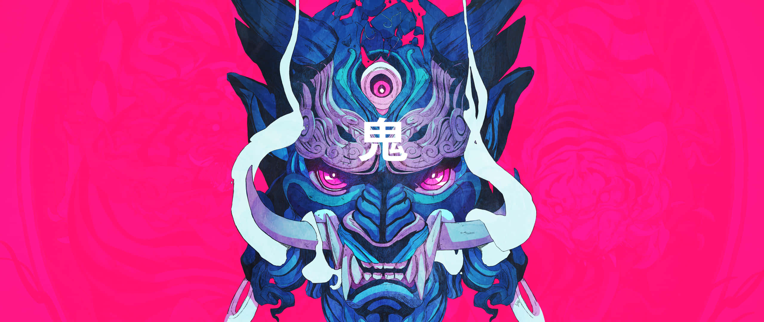 blue oni mask, glowing pink eyes, swirling smoke, 2K Desktop Wallpaper