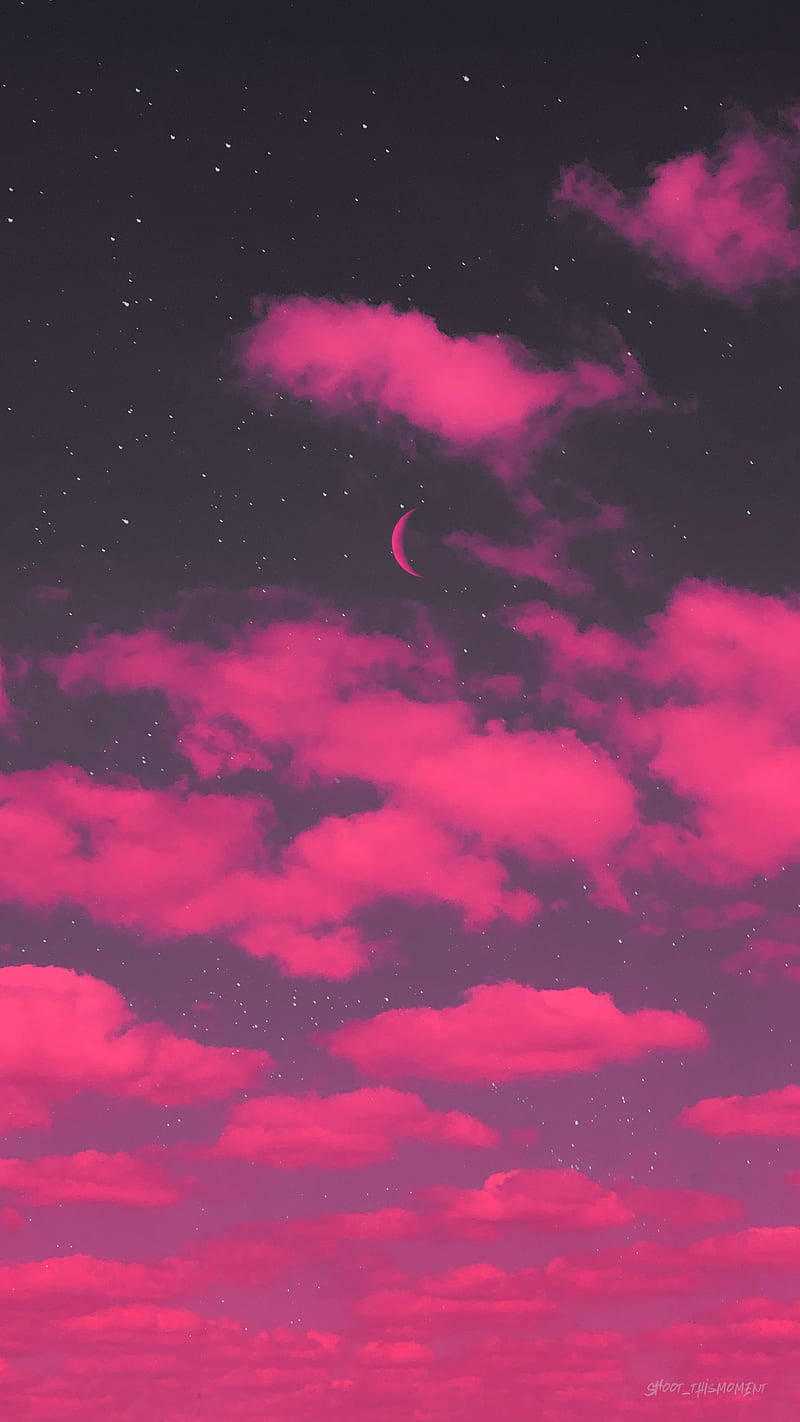 Hot Pink Aesthetic, vibrant pink clouds, crescent moon, HD Phone Wallpaper