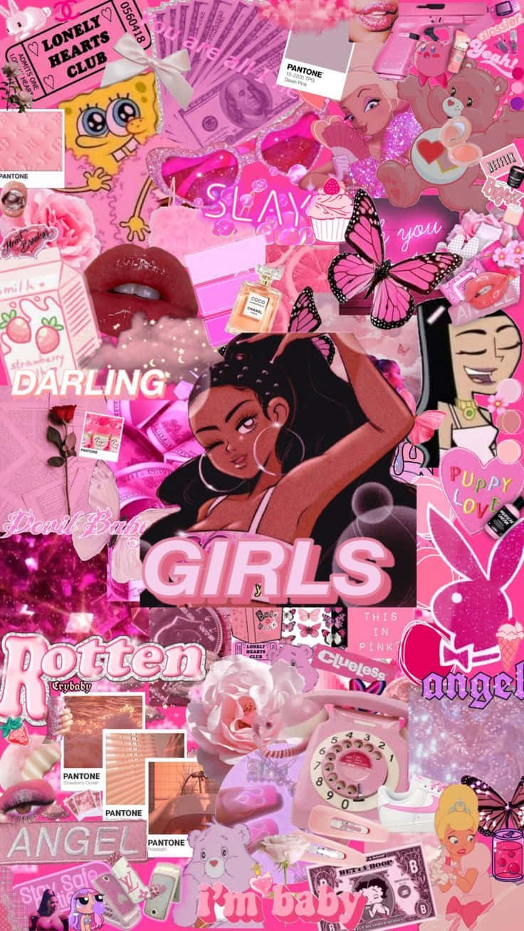 hot pink aesthetic, collage wallpaper, cartoon characters, HD Phone Wallpaper