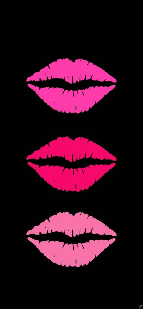 Hot Pink Aesthetic Lips, stark black background, three stylized pink lips, SD Phone Wallpaper