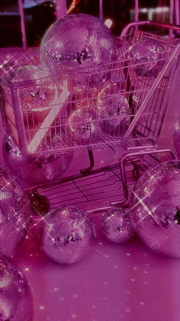 hot pink aesthetic shopping cart, glittering purple disco balls, vibrant pink glow, SD Phone Wallpaper
