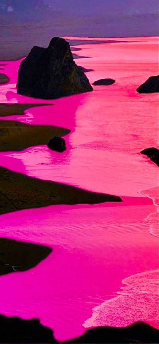 Hot Pink Aesthetic River, vivid pink water, dark rocks, SD Phone Wallpaper