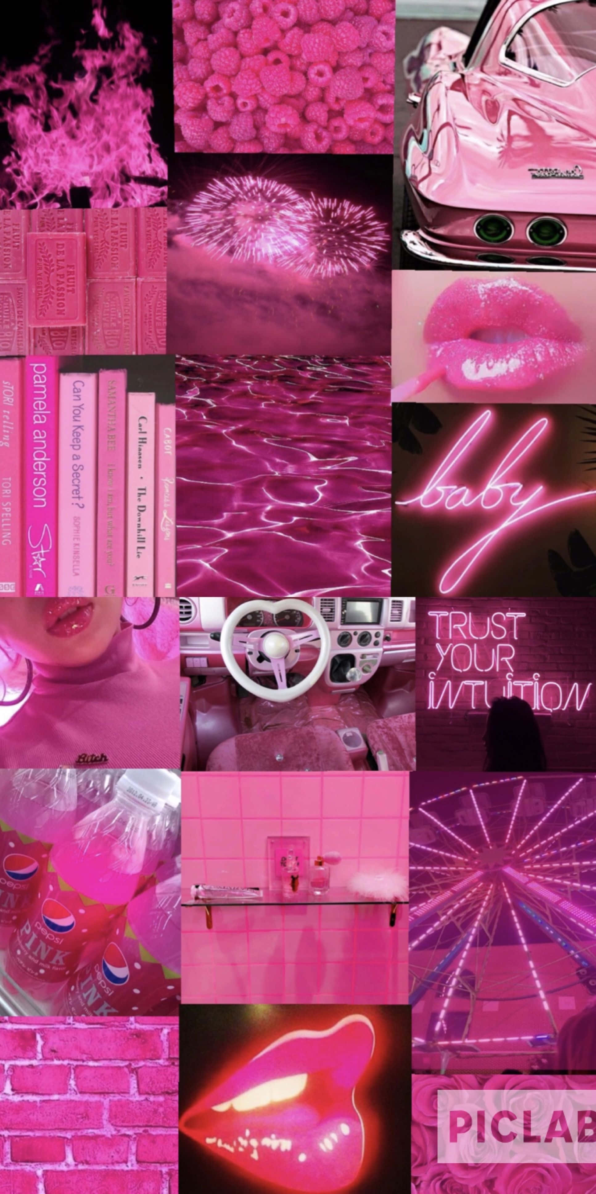 hot pink aesthetic collage, raspberries, neon signs, 4K Phone Wallpaper