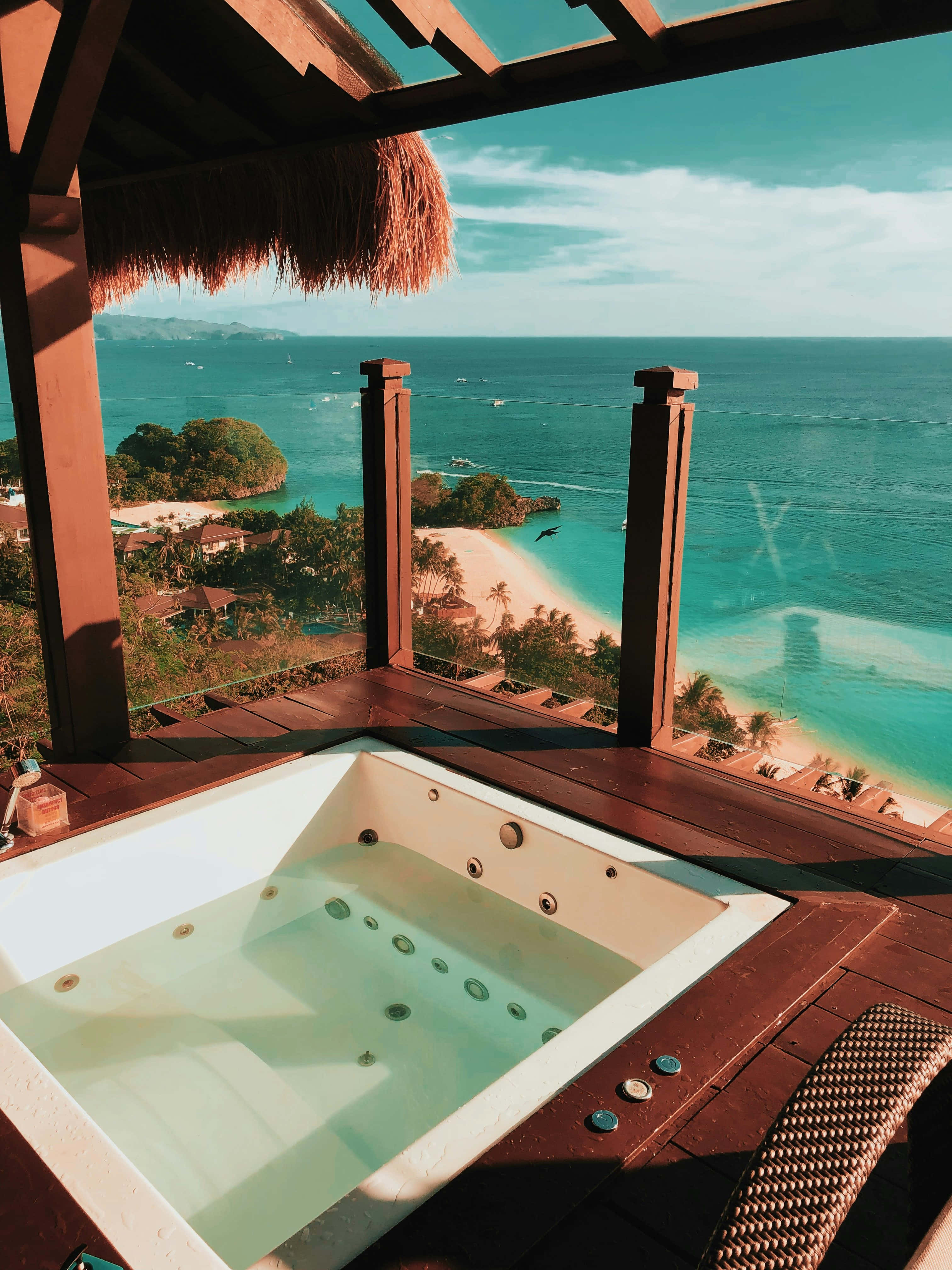 Tropical Beach View Hot Tub, wooden deck, white hot tub, 4K Phone Wallpaper