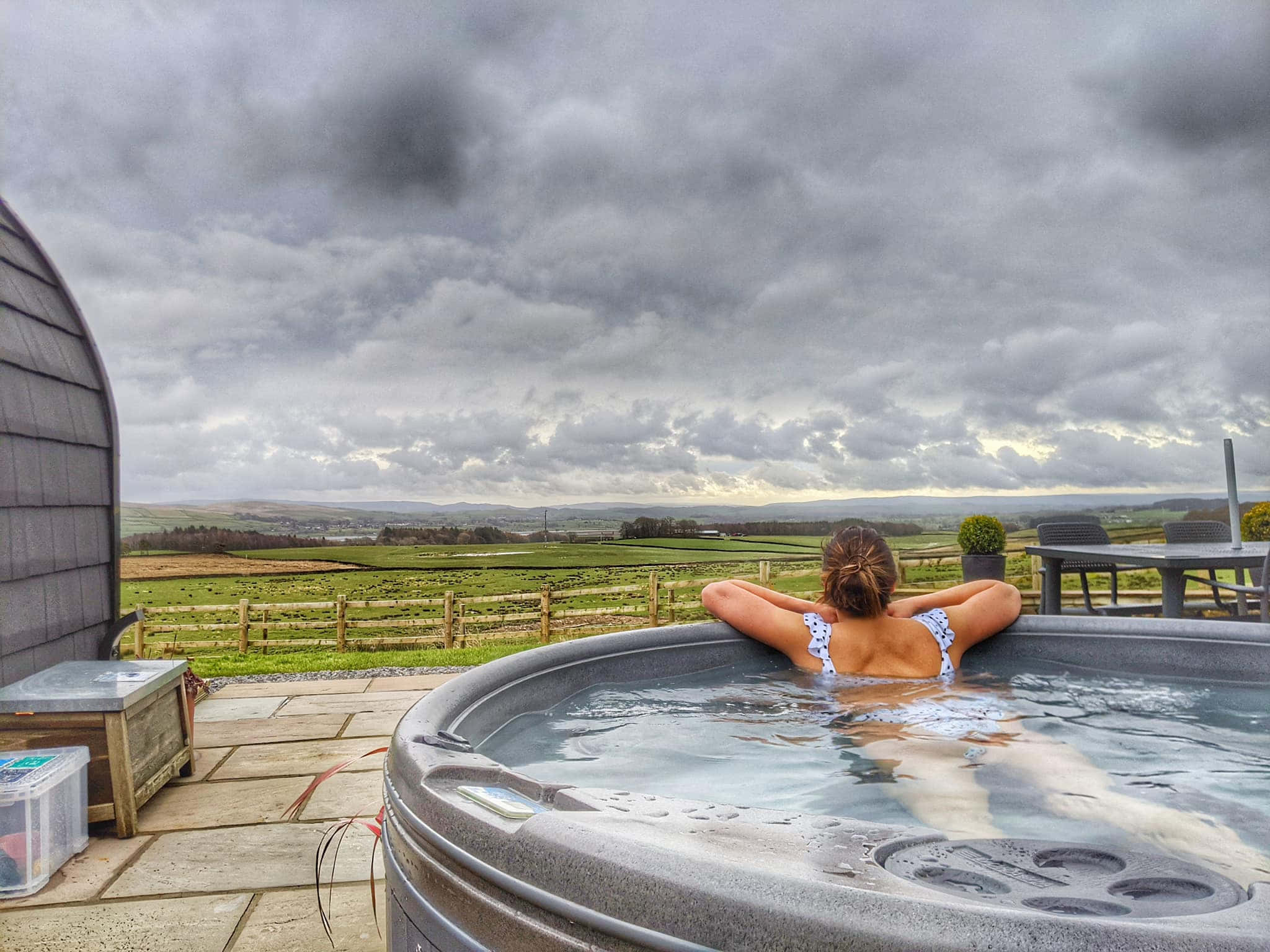 gray hot tub, stone patio, vast green countryside, Full HD Desktop Wallpaper