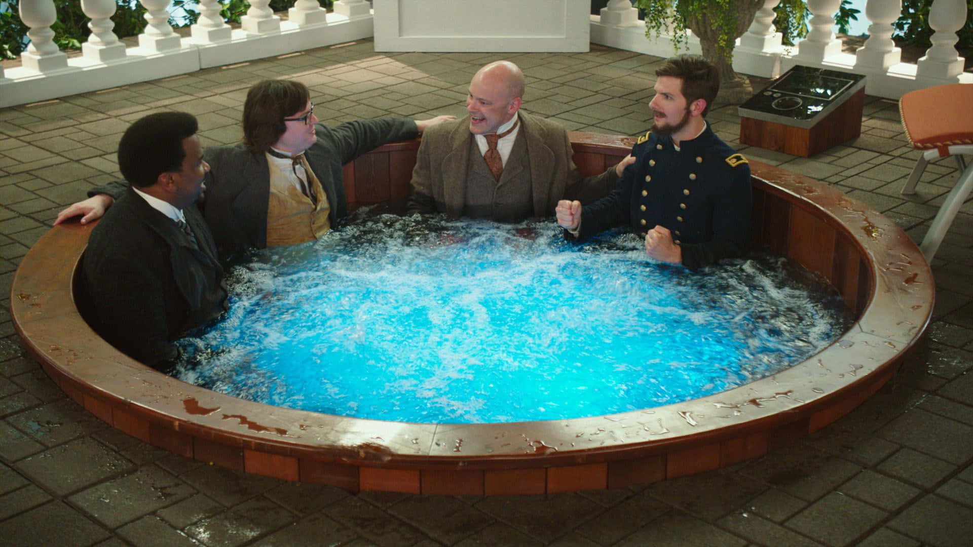 hot tub, blue hot tub, white railings, Full HD Desktop Wallpaper
