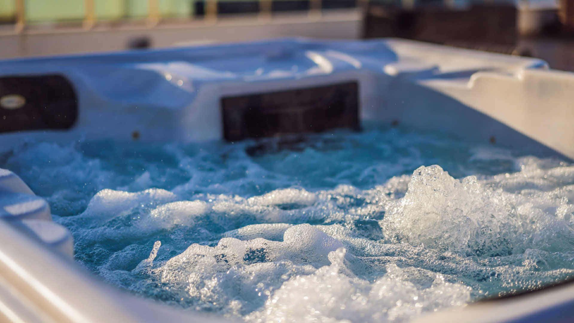 bubbling blue hot tub, frothy white water, warm sunlight, Full HD Desktop Wallpaper
