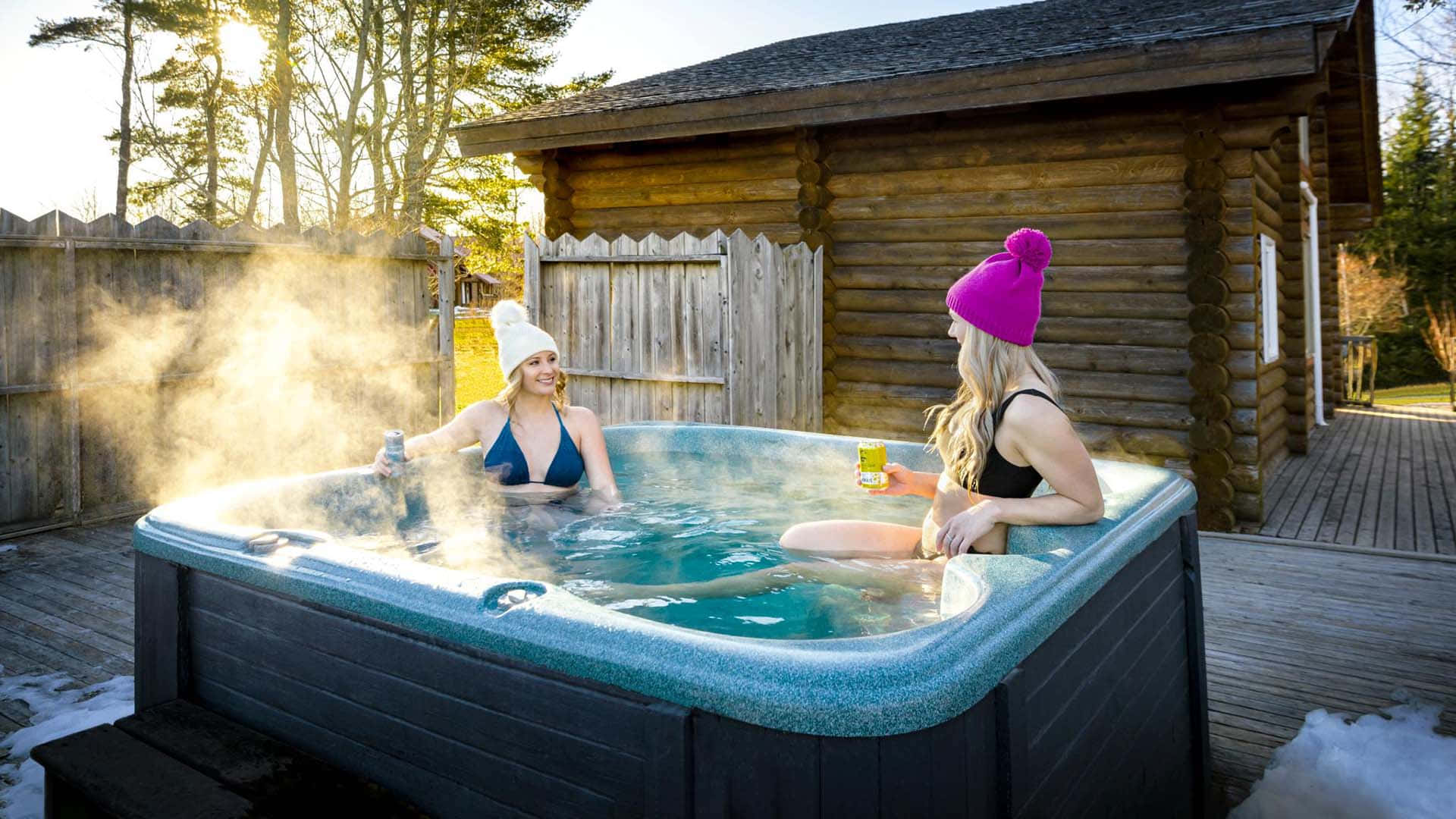 hot tub, snow, wooden cabin, Full HD Desktop Wallpaper