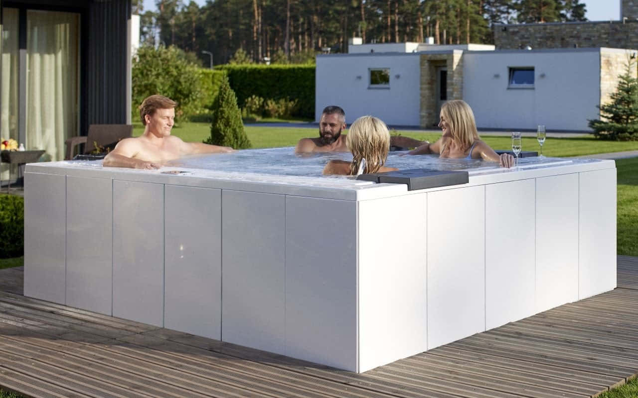 modern white hot tub, wooden deck, greenery, HD Desktop Wallpaper