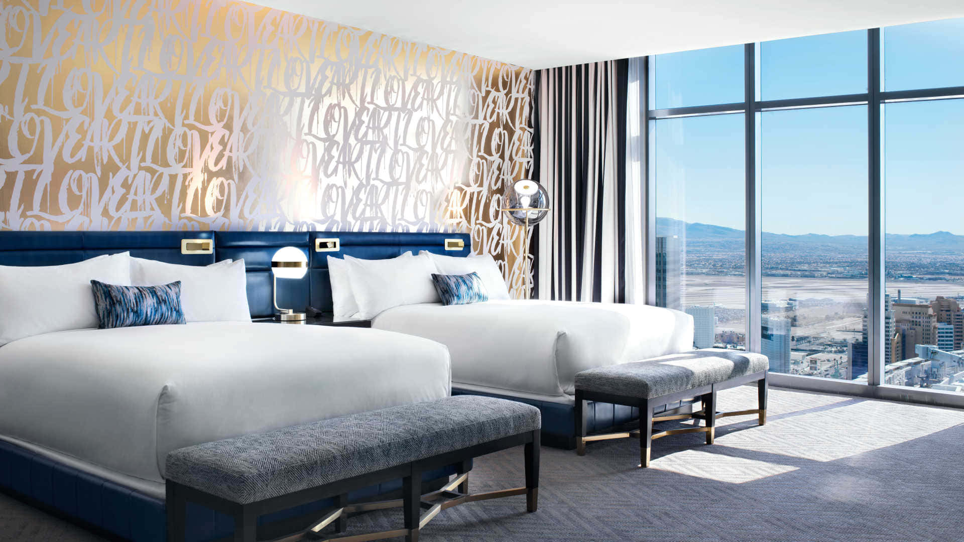 modern two double hotel room, blue headboards, white love script, Full HD Desktop Wallpaper