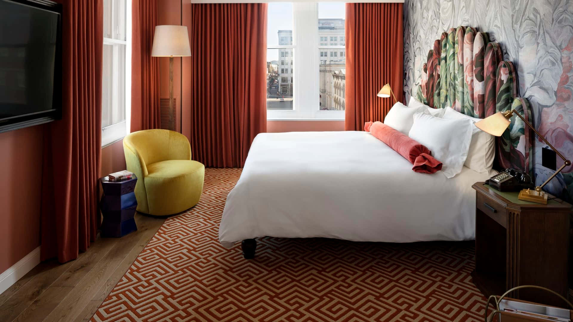vintage design hotel room, white bed, red curtains, Full HD Desktop Wallpaper