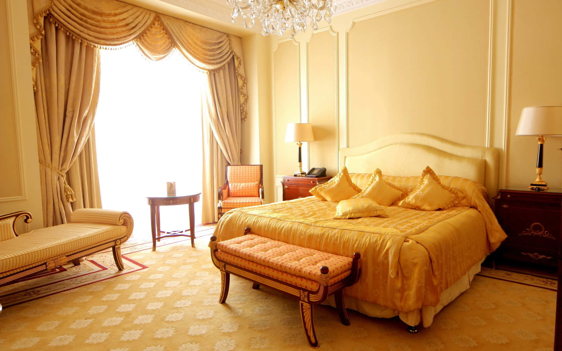 golden bedroom, sunlight, ornate curtains, Full HD Desktop Wallpaper