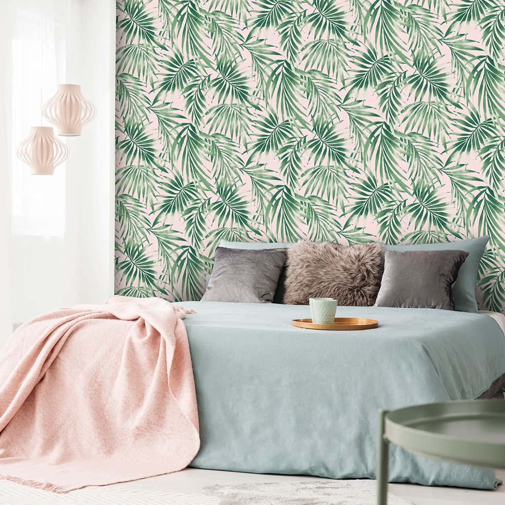 tropical bedroom, mint sheets, pink throw, SD Desktop Wallpaper