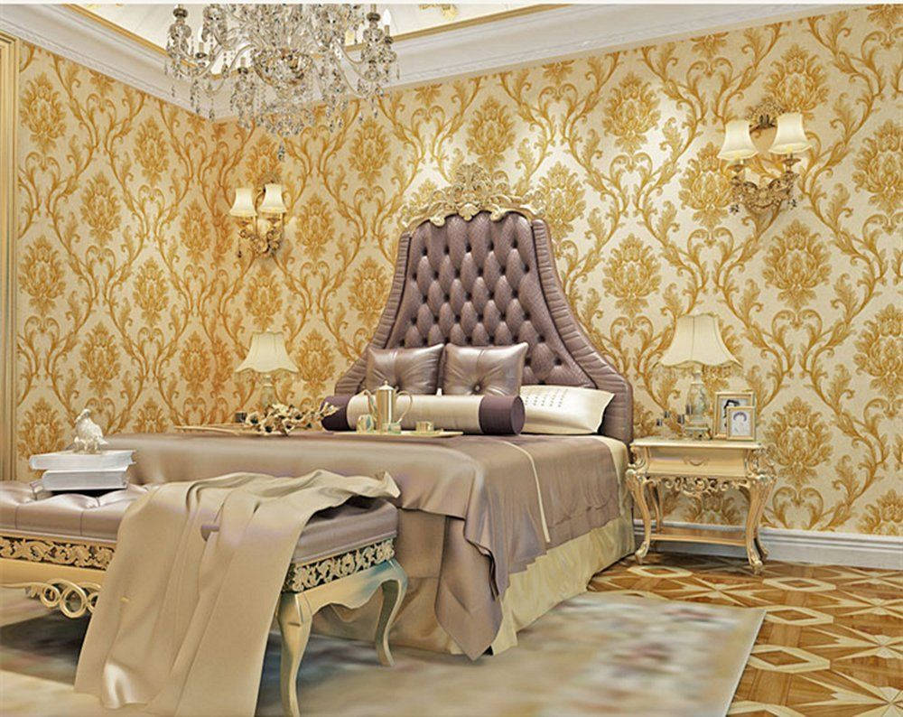gold damask wallpaper, tufted bed, crystal chandelier, SD Desktop Wallpaper