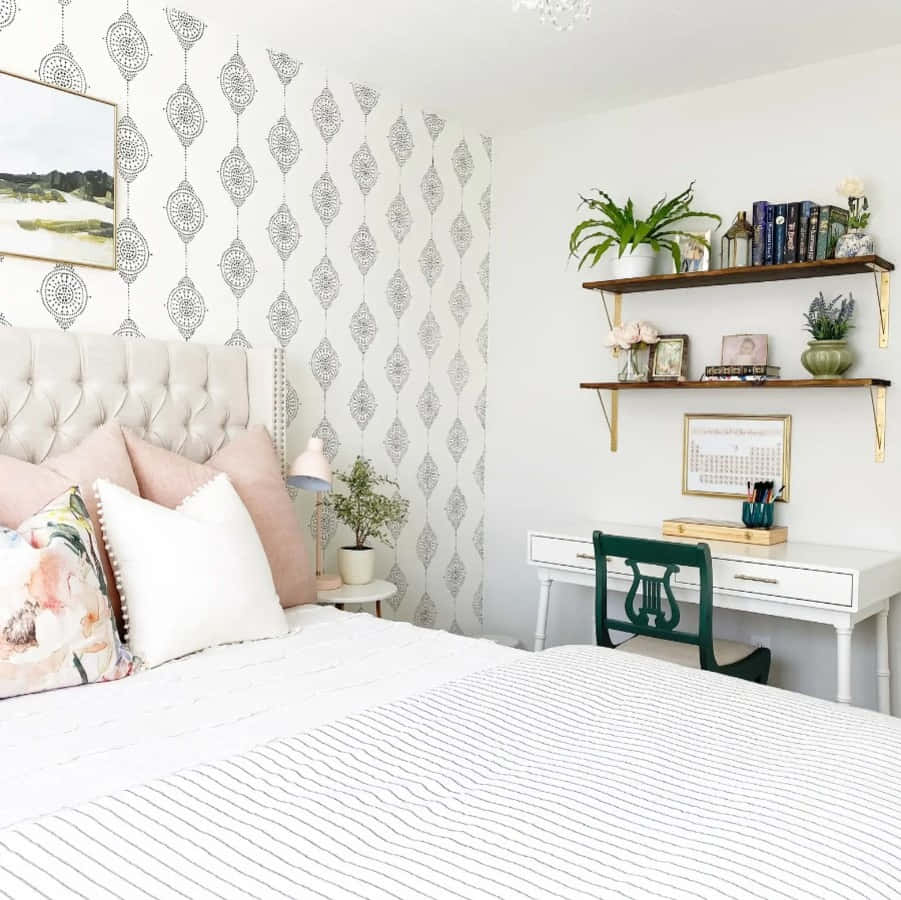 striped linens, patterned wallpaper, white desk, SD Desktop Wallpaper