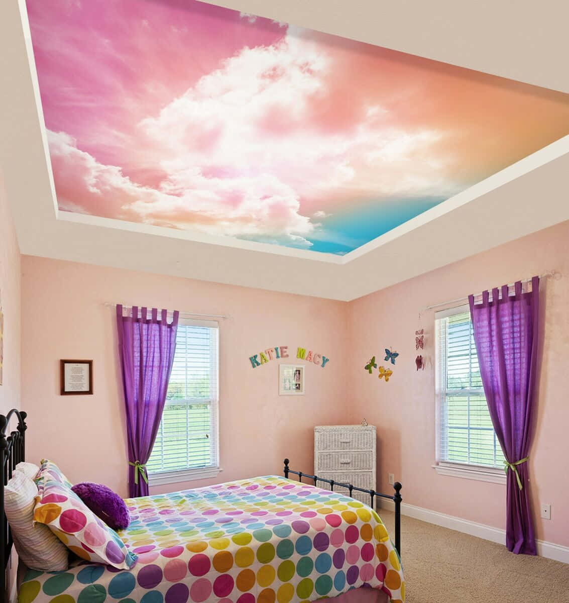 pink bedroom, cloud ceiling mural, pink and blue sky, SD Phone Wallpaper