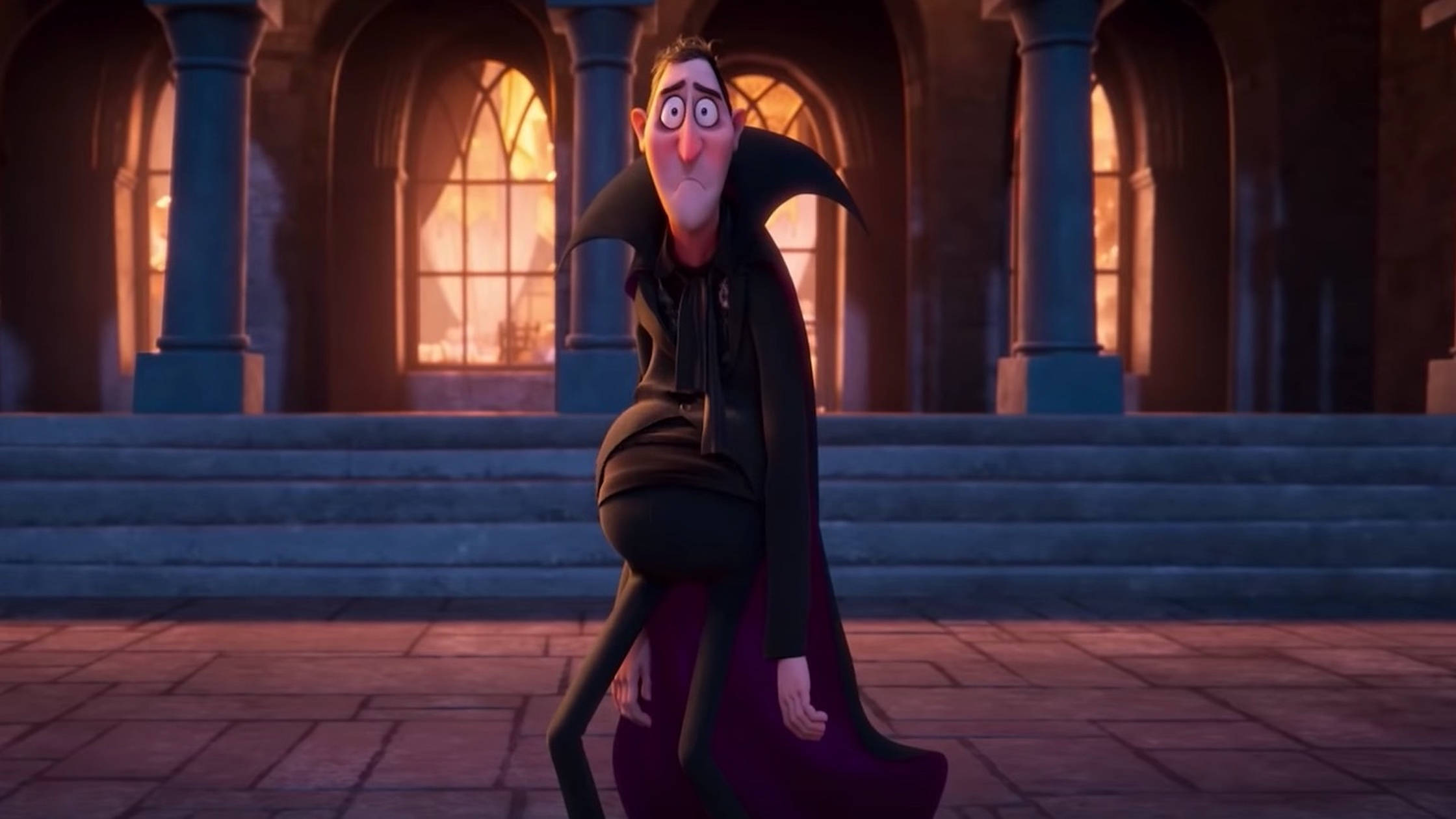 Hotel Transylvania Transformania, bloated Dracula, gothic castle courtyard, Full HD Desktop Wallpaper