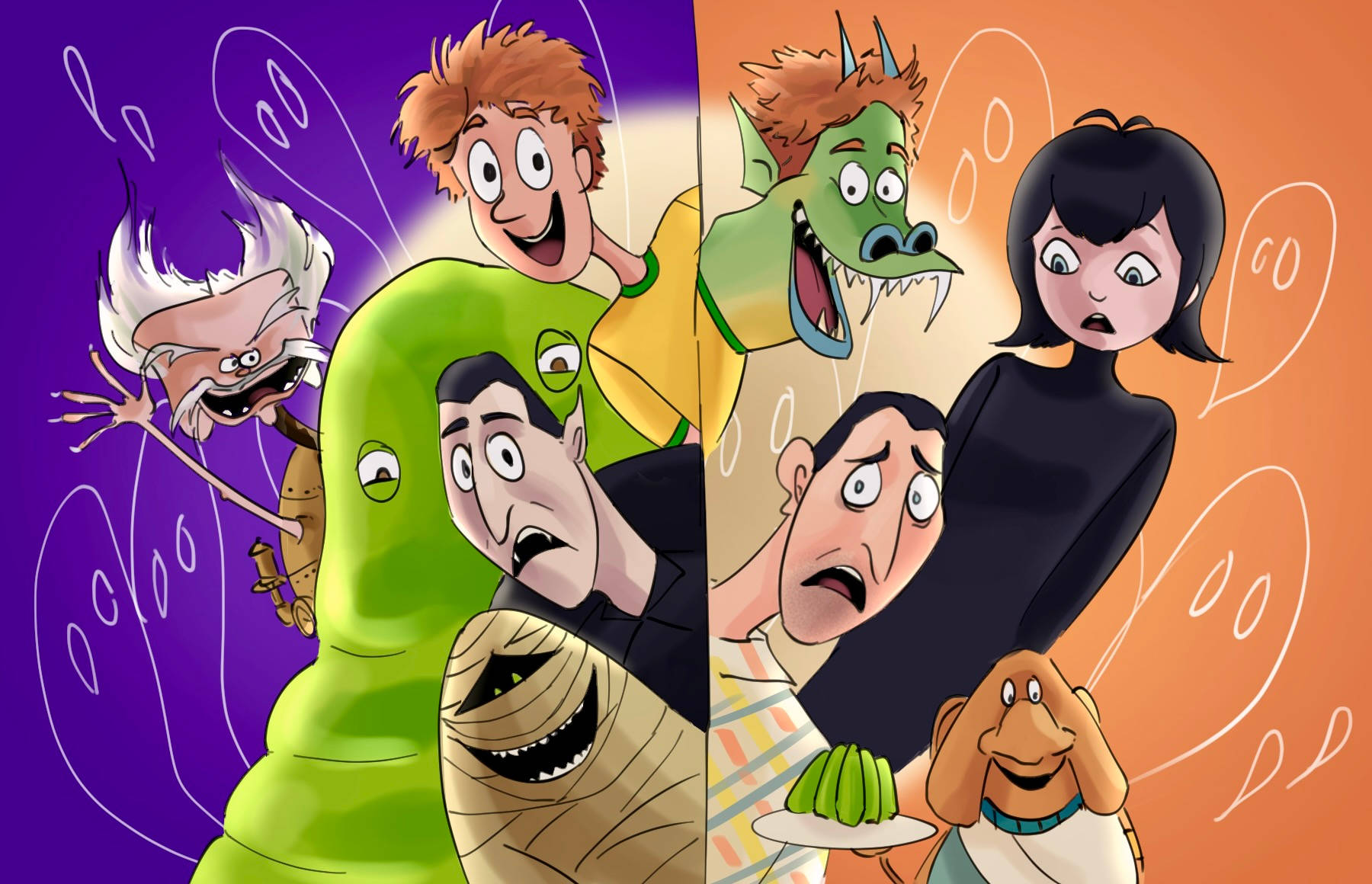 Hotel Transylvania Transformania, Cartoon characters, split-screen, HD Desktop Wallpaper