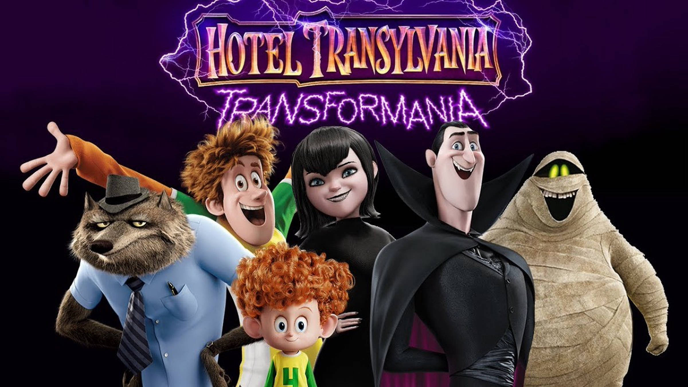 Hotel Transylvania Transformania, main characters, purple lightning backdrop, Full HD Desktop Wallpaper