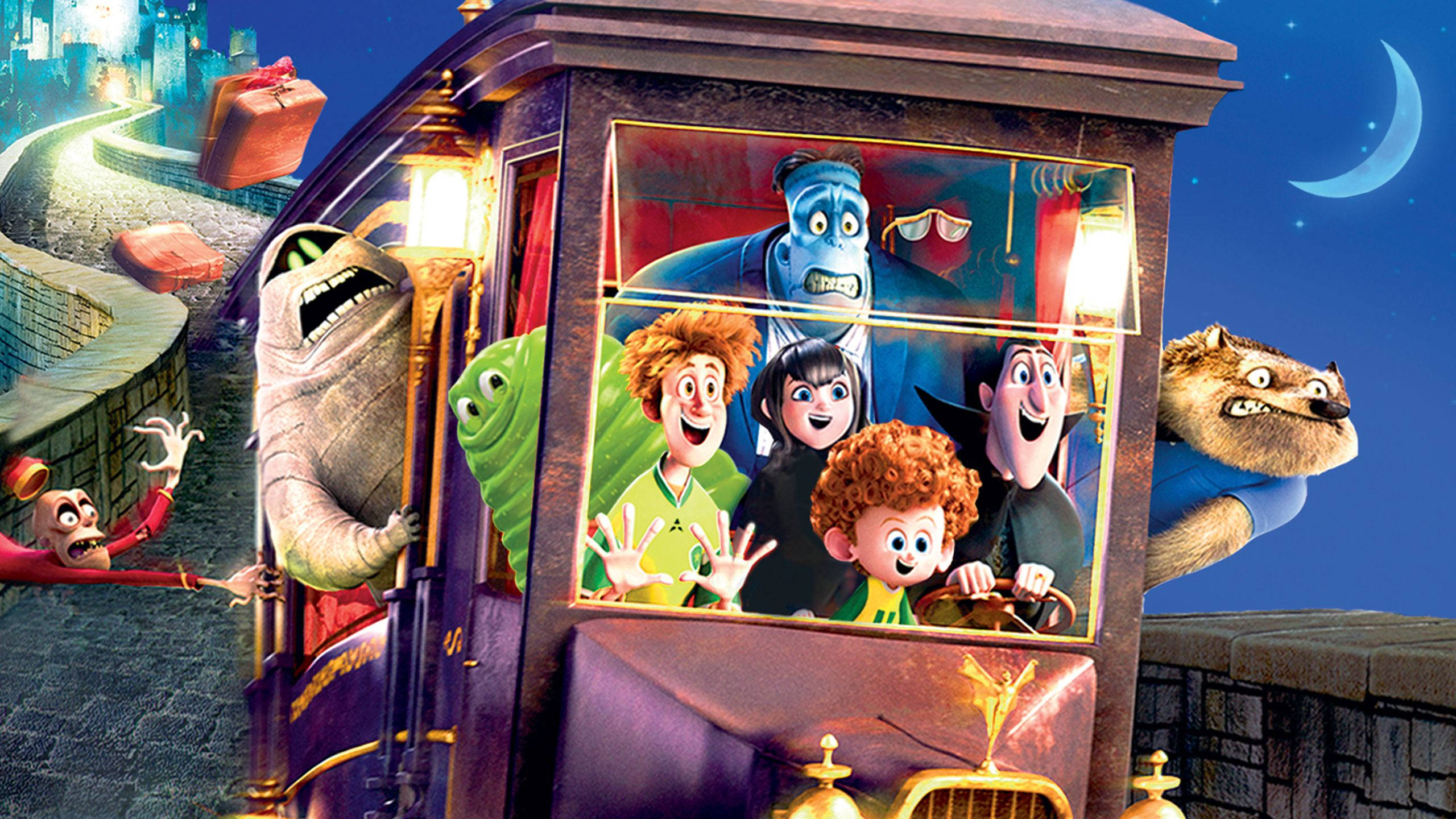 Hotel Transylvania 2, vintage car, moonlit cityscape, 2K Desktop Wallpaper