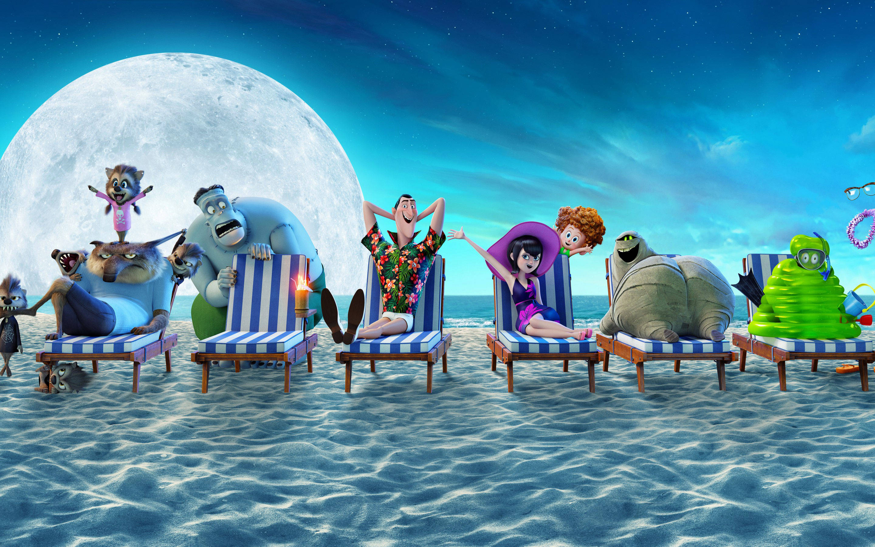 Hotel Transylvania, beach, giant moon, 2K Desktop Wallpaper