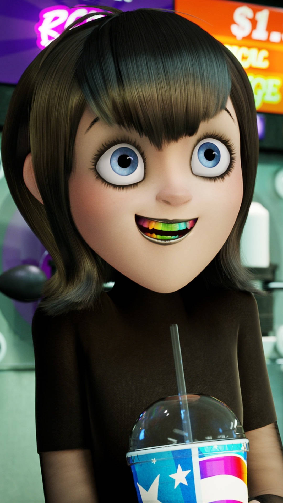 Hotel Transylvania, rainbow teeth, neon-lit arcade, Full HD Phone Wallpaper