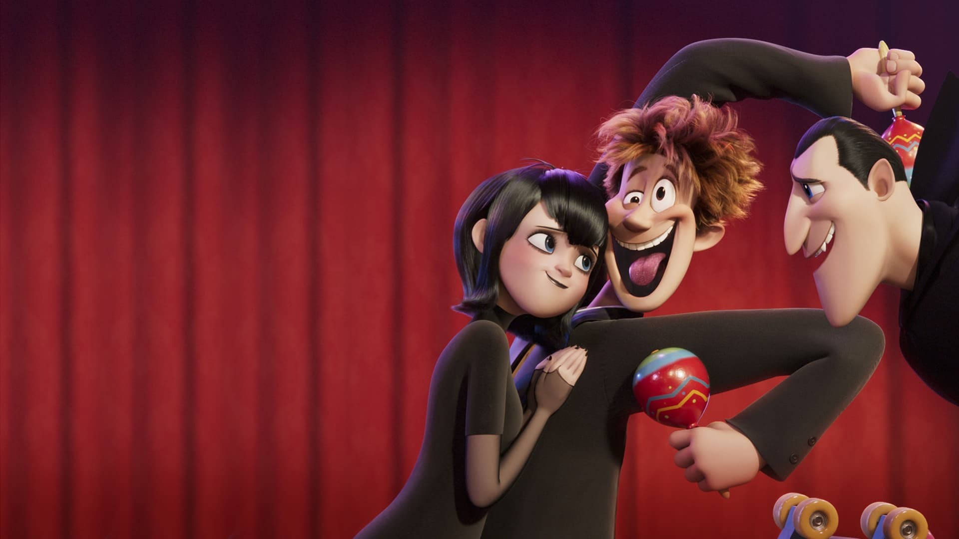 Hotel Transylvania, red curtain, black suits, Full HD Desktop Wallpaper