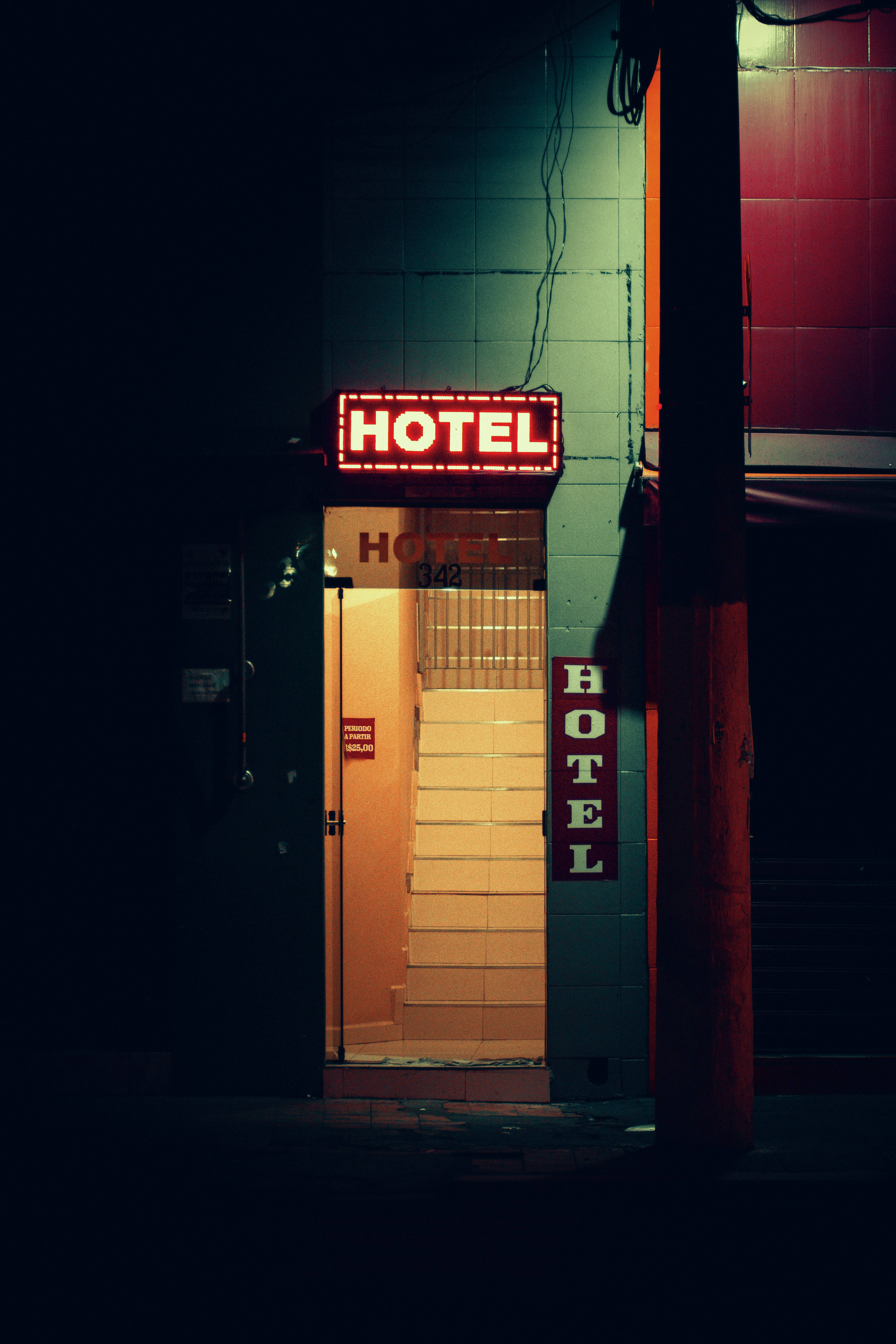 glowing red neon hotel sign, narrow alleyway, night, 5K Phone Wallpaper